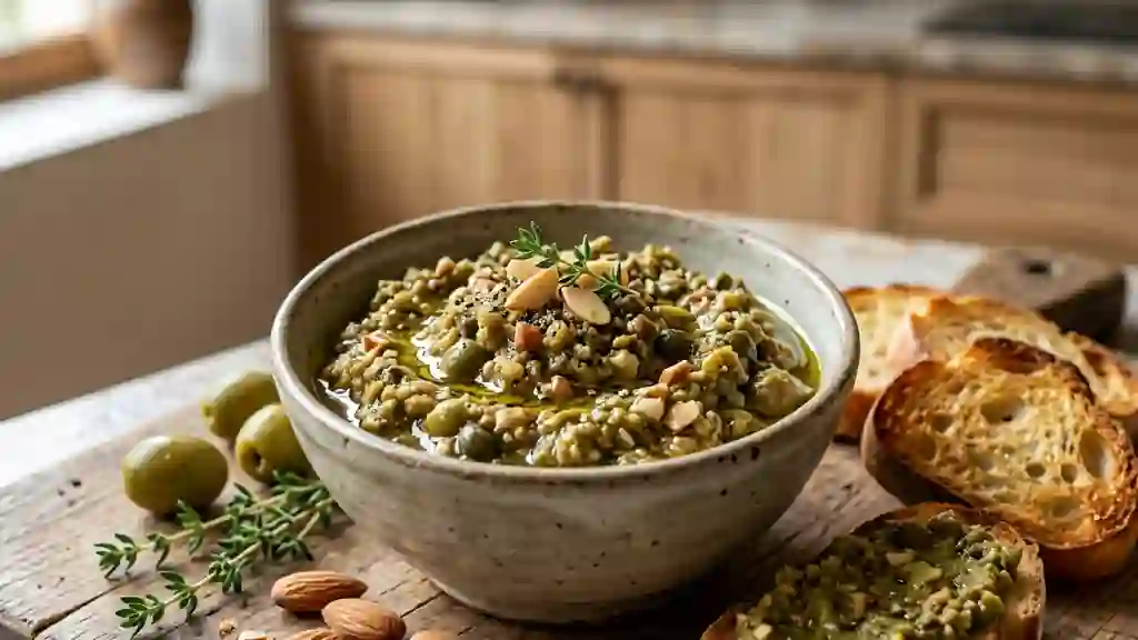 Tapenade aux olives vertes et amandes toastées - Photo de présentation