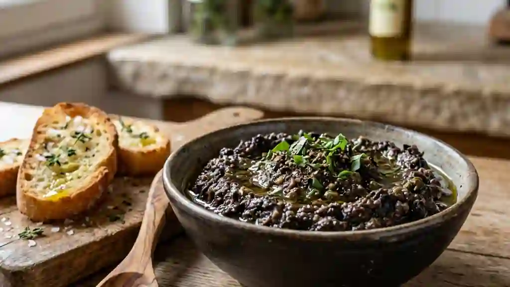 Tapenade provençale intense et granuleuse - Photo de présentation
