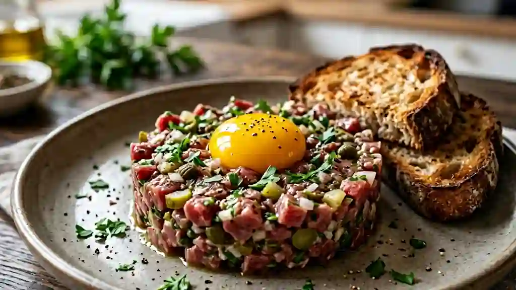 Tartare de cheval au couteau et jaune d'œuf - Photo de présentation