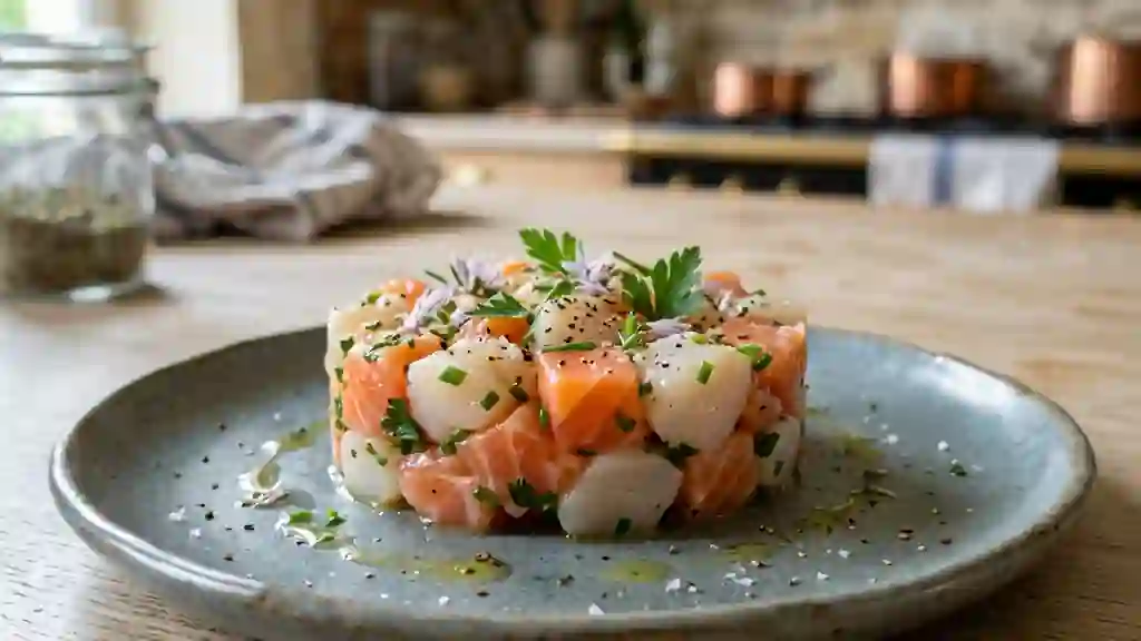 Tartare fondant saumon, Saint-Jacques et herbes - Photo de présentation
