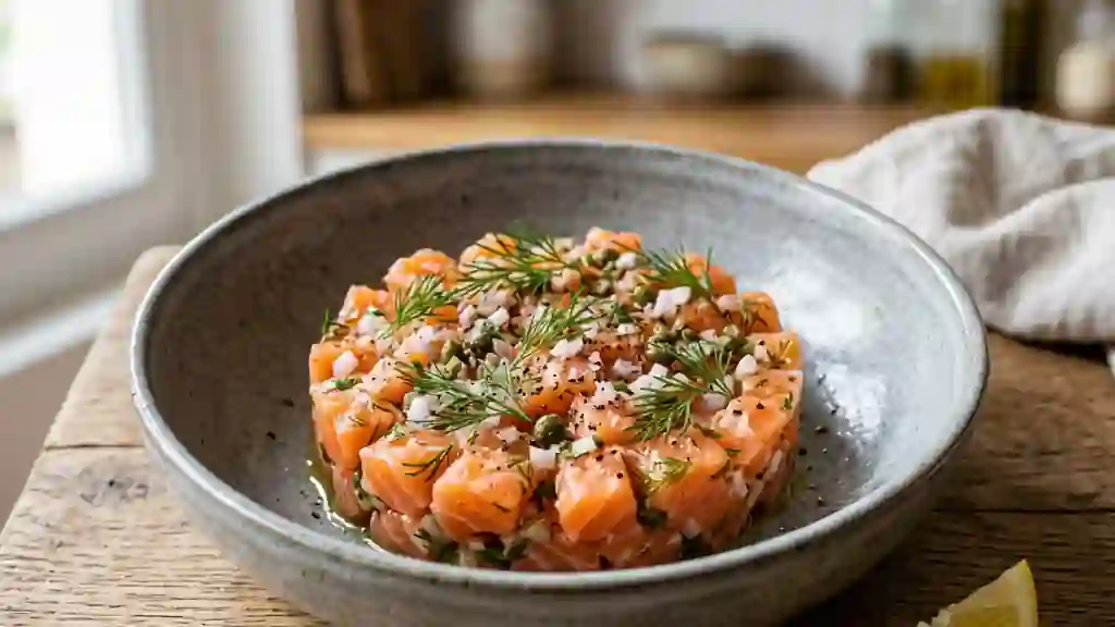 Tartare de saumon frais, câpres et aneth - Photo de présentation