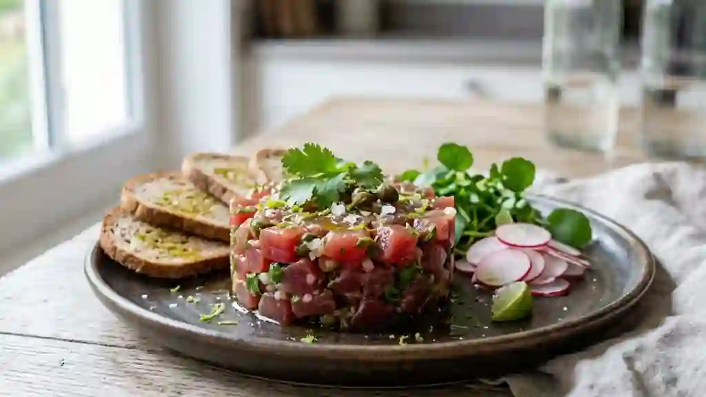 Tartare de thon fondant au citron vert et soja - Photo de présentation