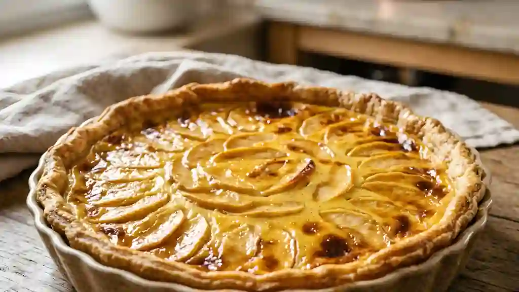Tarte au flan crémeuse aux pommes caramélisées - Photo de présentation