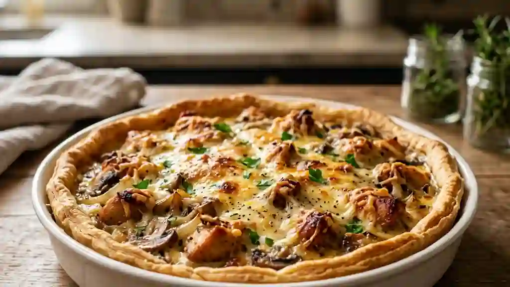 Tarte poulet champignons, dorée et fondante - Photo de présentation