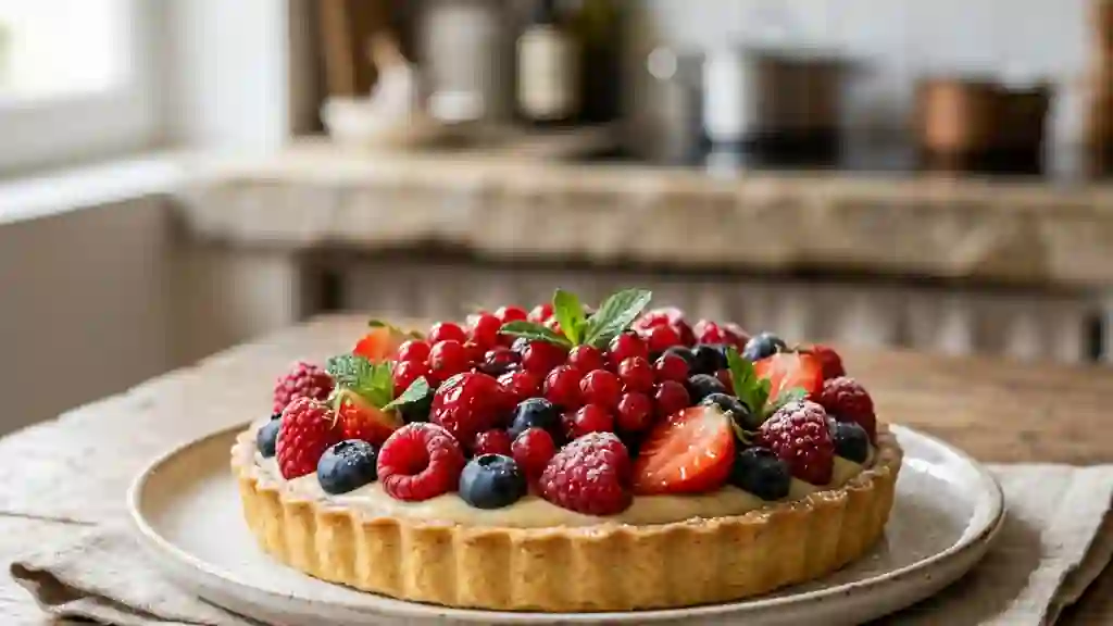Tarte craquante aux fruits rouges et crème veloutée - Photo de présentation