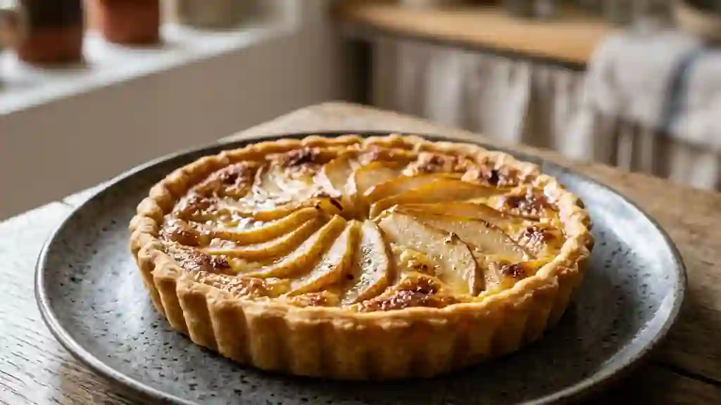 Tarte aux poires gratinée et crème vanillée - Photo de présentation