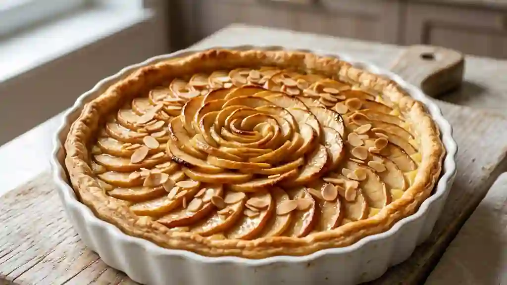 Tarte aux pommes crémeuse et amandes croquantes - Photo de présentation