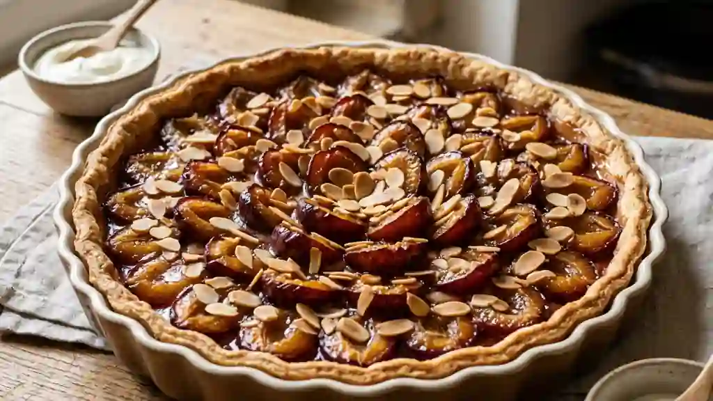 Tarte aux prunes fondantes et amandes croquantes - Photo de présentation