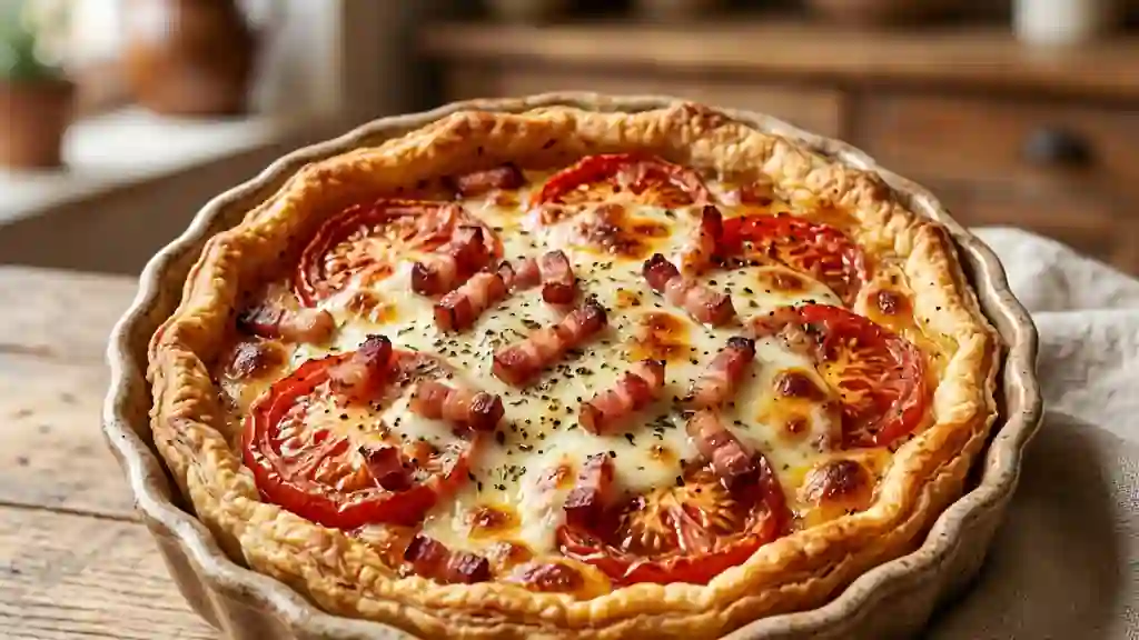 Tarte croustillante tomate, mozza et lardons fumés - Photo de présentation