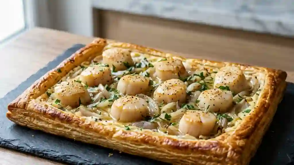 Tarte fine Saint-Jacques et crème d'échalote - Photo de présentation
