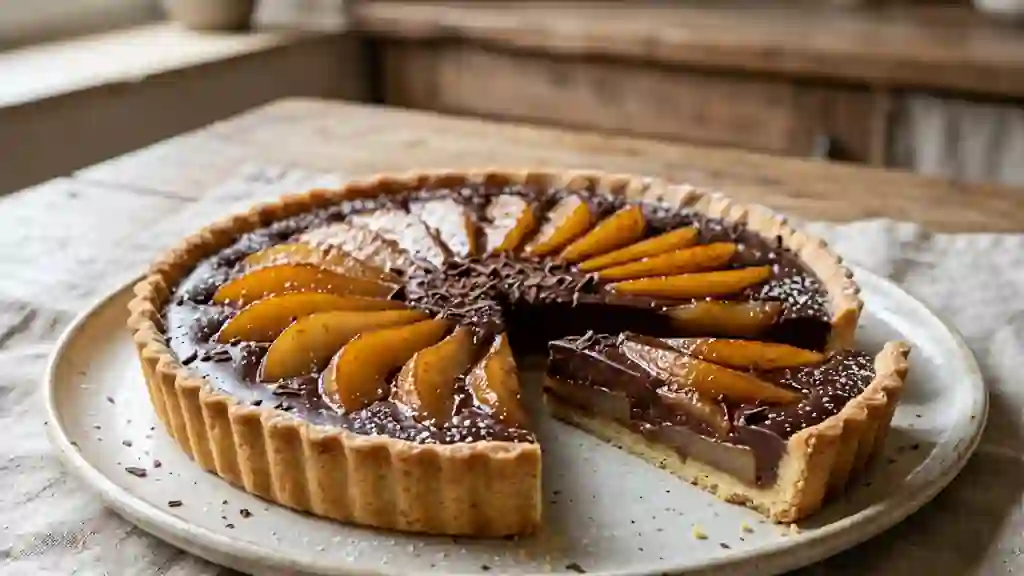 Tarte fondante poires caramélisées et chocolat - Photo de présentation