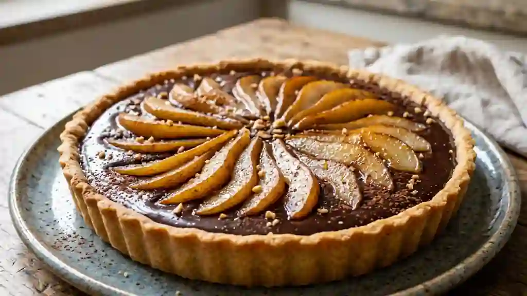 Tarte fondante chocolat noir et poires rôties - Photo de présentation