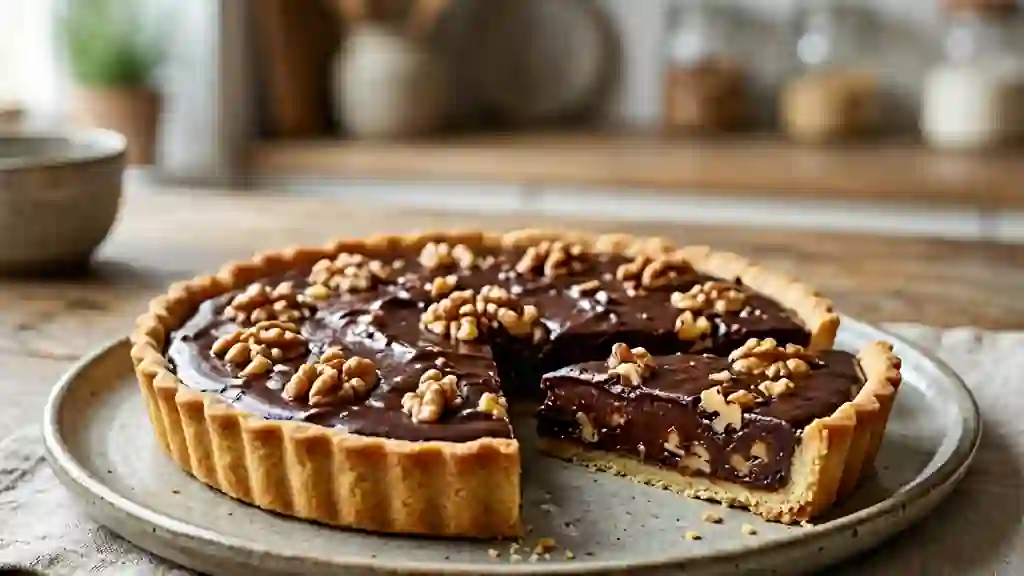 Tarte fondante chocolat noir et éclats de noix - Photo de présentation