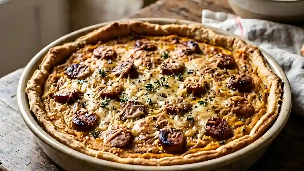 Tarte fondante au potiron et chipolatas grillées - Photo de présentation
