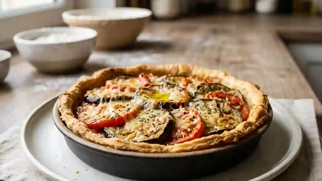 Tarte fondante aubergines, tomates et parmesan - Photo de présentation