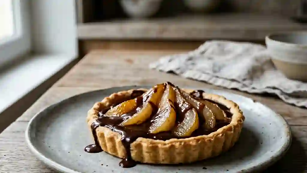 Tarte poires confites et ganache chocolat noir - Photo de présentation