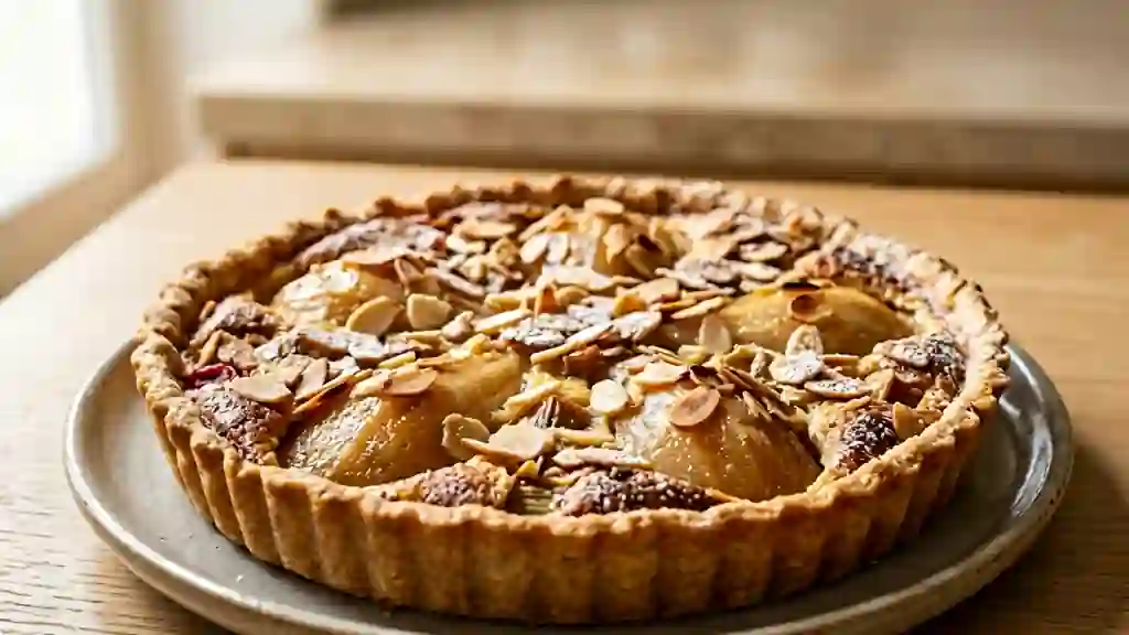 Tarte fondante poire et rhubarbe acidulée - Photo de présentation
