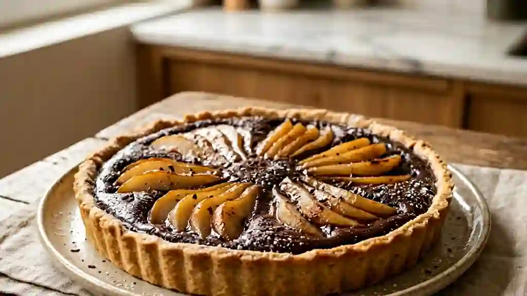 Tarte fondante chocolat noir et poires juteuses - Photo de présentation