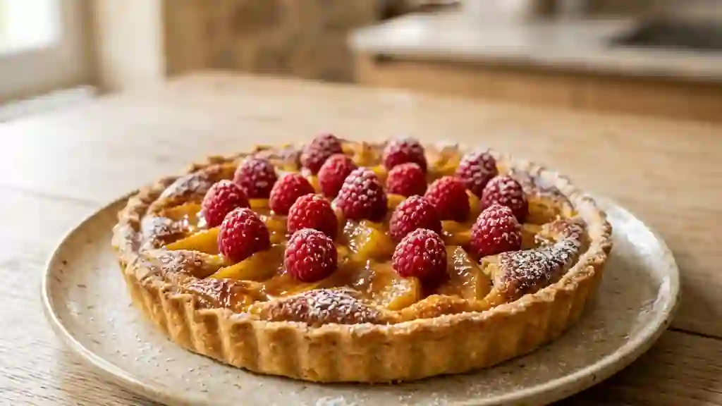 Tarte fondante coing caramélisé et framboise - Photo de présentation