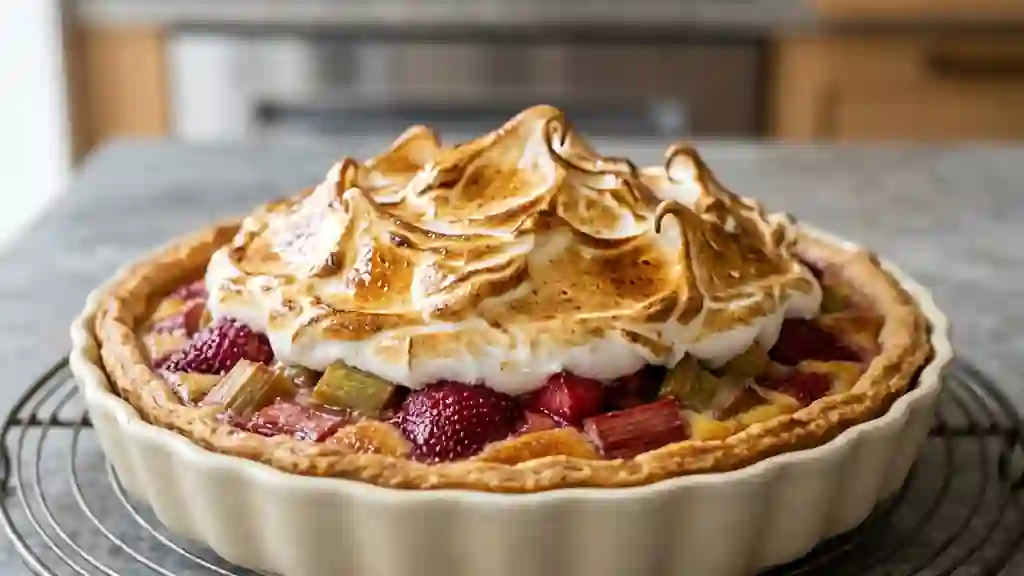 Tarte acidulée rhubarbe fraise et meringue - Photo de présentation