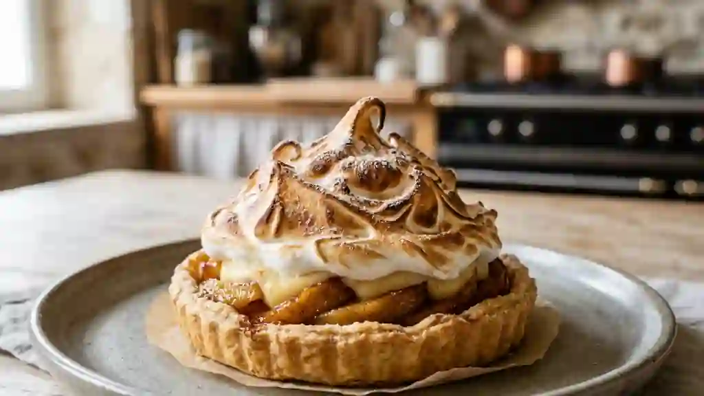 Tarte pommes-crème fondante sous meringue - Photo de présentation