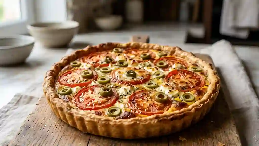 Tarte ensoleillée chèvre et olives vertes - Photo de présentation