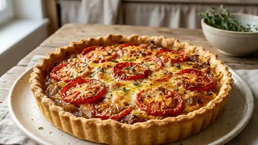 Tarte croustillante aux oignons confits et tomates - Photo de présentation