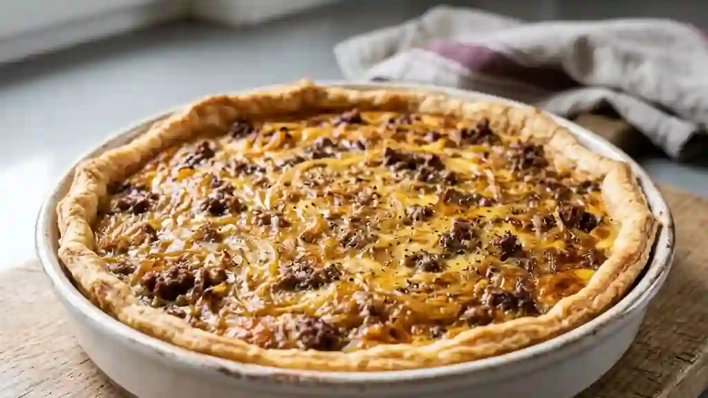 Tarte croustillante au bœuf et oignons fondants - Photo de présentation