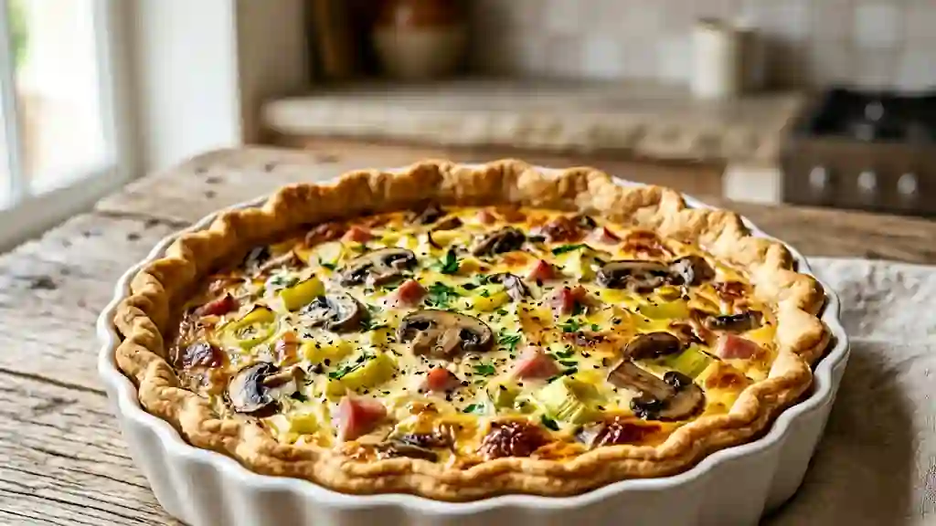 Tarte fondante poireaux, champignons et jambon - Photo de présentation