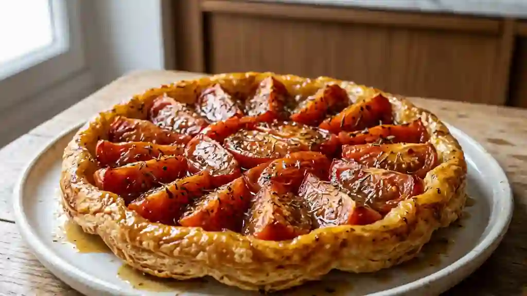 Tatin de tomates fondantes au caramel d'herbes - Photo de présentation