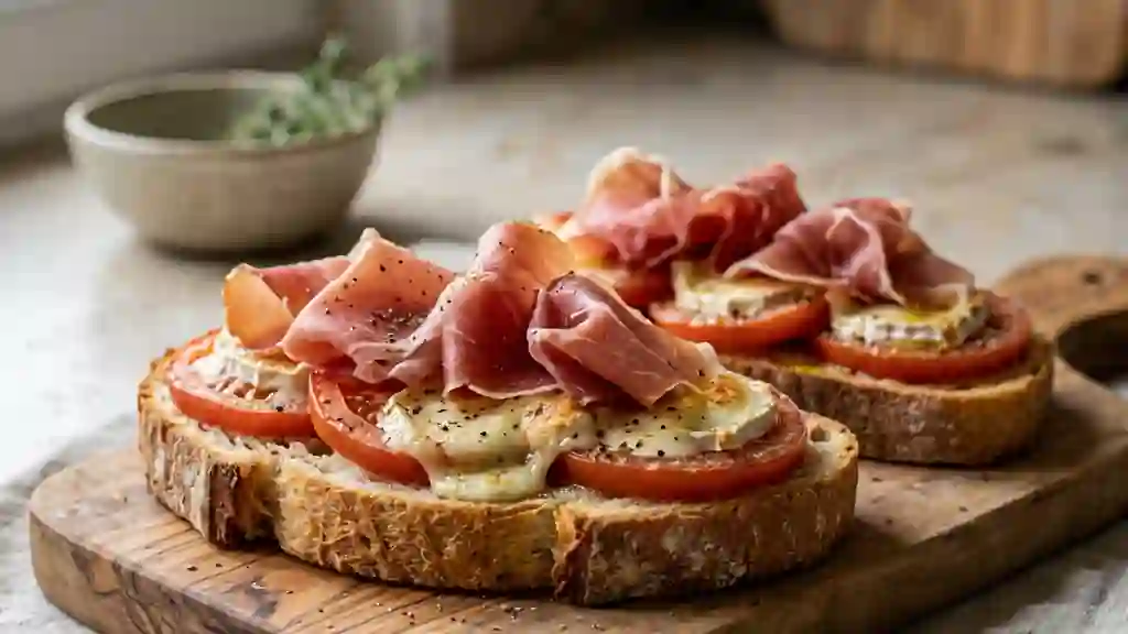 Tartine rustique chèvre fondu et jambon cru - Photo de présentation