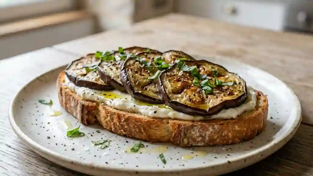 Tartine croustillante à l'aubergine fondante - Photo de présentation