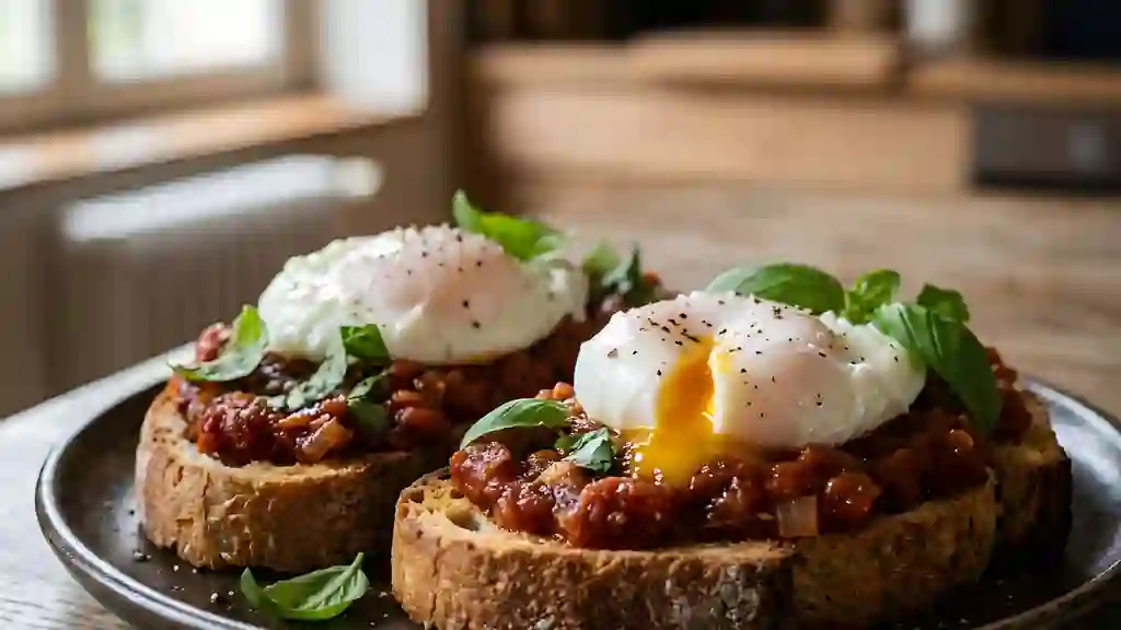 Tartines croquantes aux œufs pochés et tomate - Photo de présentation