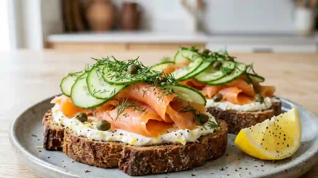 Smørrebrød croquant au saumon et aneth - Photo de présentation