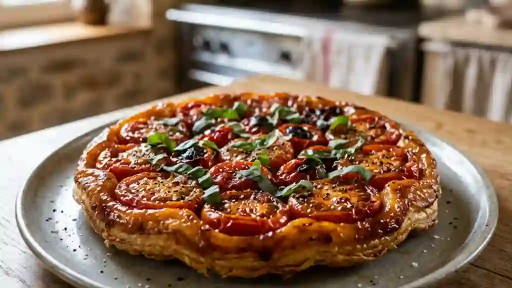 Tatin de tomates cerise et basilic frais - Photo de présentation