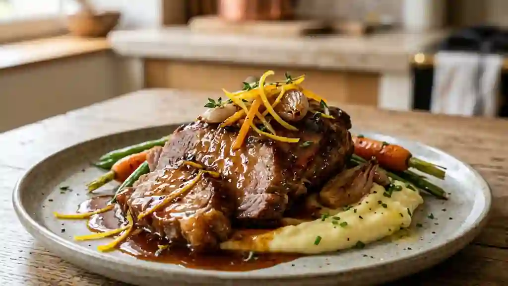 Tendron de veau confit au caramel d'agrumes - Photo de présentation