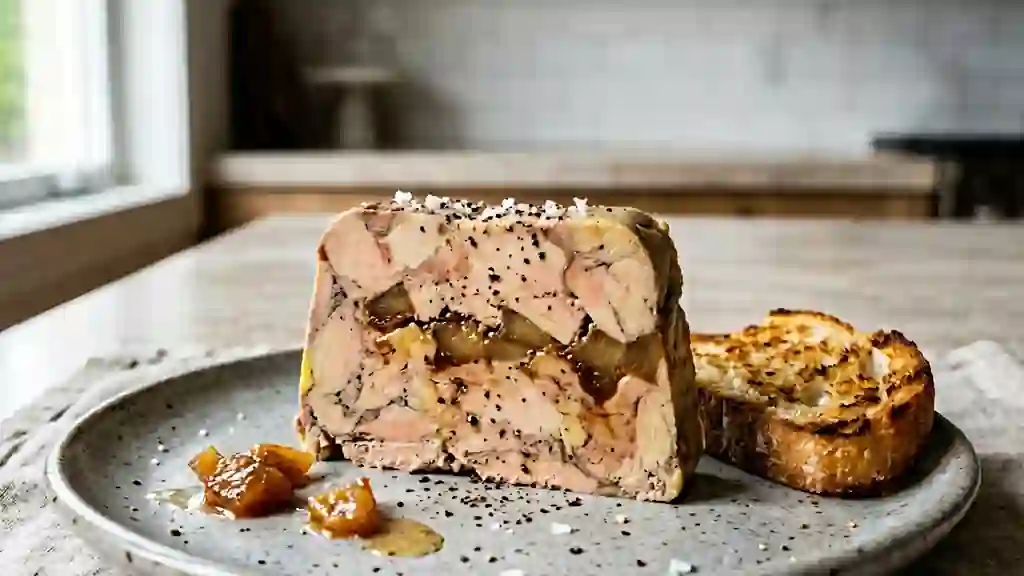 Foie gras fondant aux pommes flambées à l'Armagnac - Photo de présentation