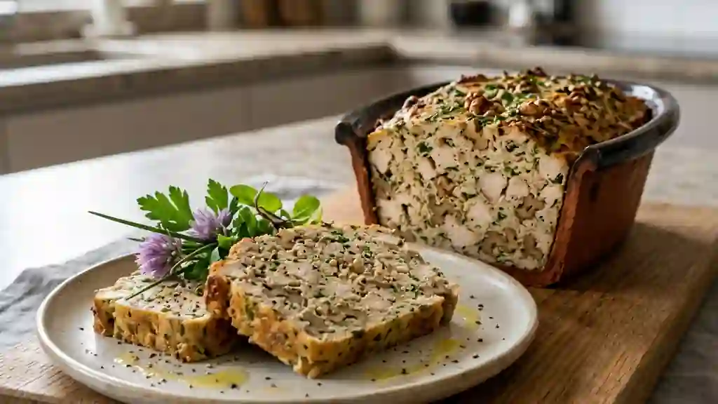 Terrine de poulet aux noix fondante et herbacée - Photo de présentation