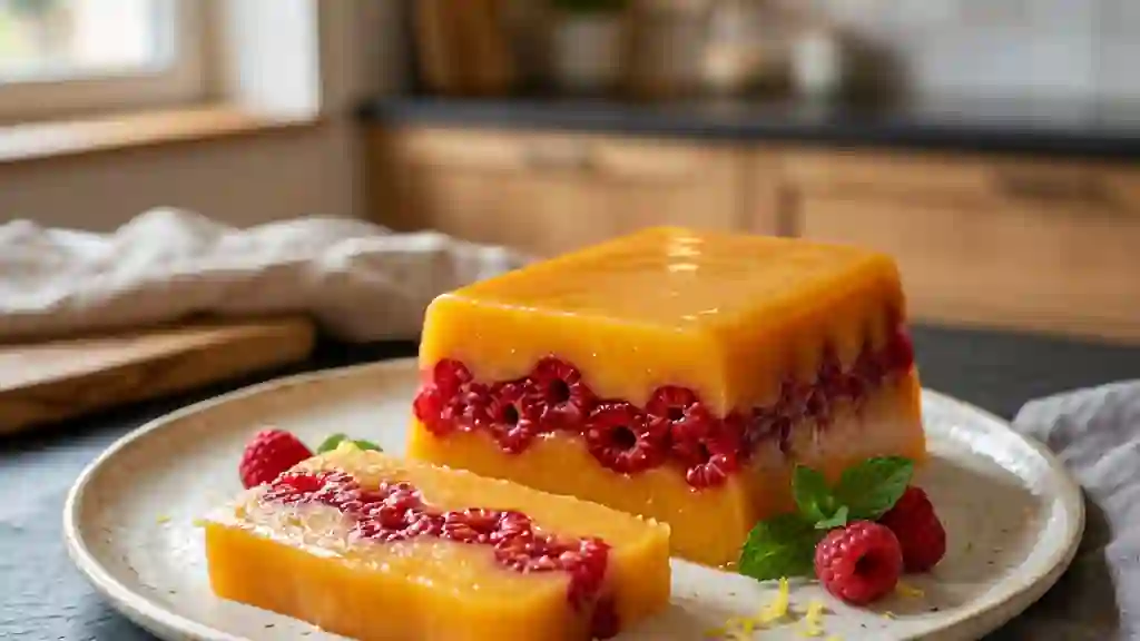 Terrine fondante aux pêches et framboises - Photo de présentation