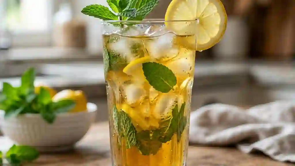 Thé vert glacé à la menthe et citron givré - Photo de présentation