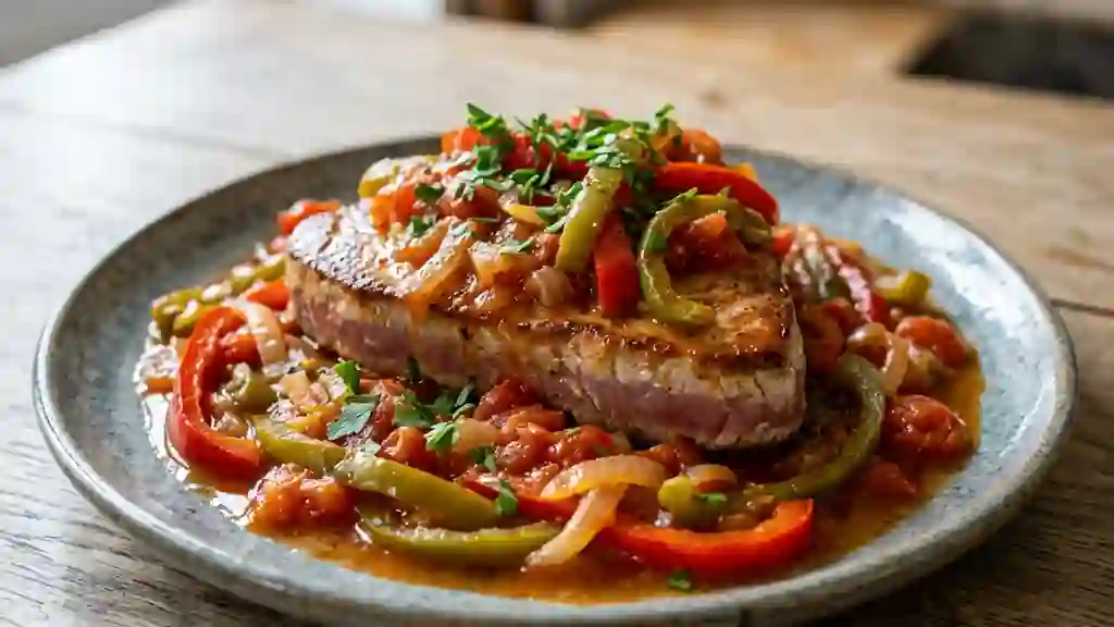 Thon snacké et piperade fondante au piment - Photo de présentation