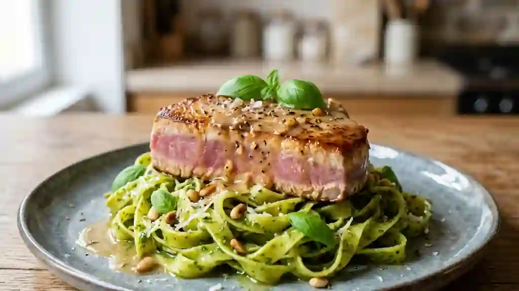 Tagliatelles au pesto et pavé de thon fondant - Photo de présentation