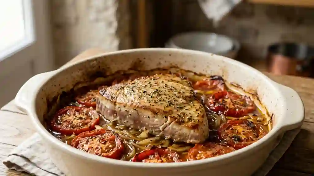 Thon fondant au lit de tomates confites - Photo de présentation