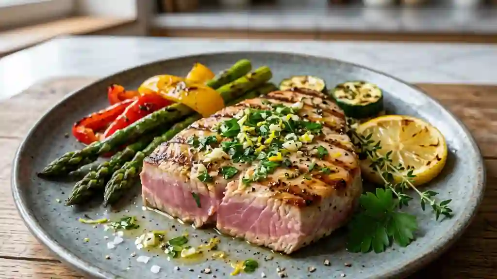 Steak de thon mariné au citron et thym - Photo de présentation