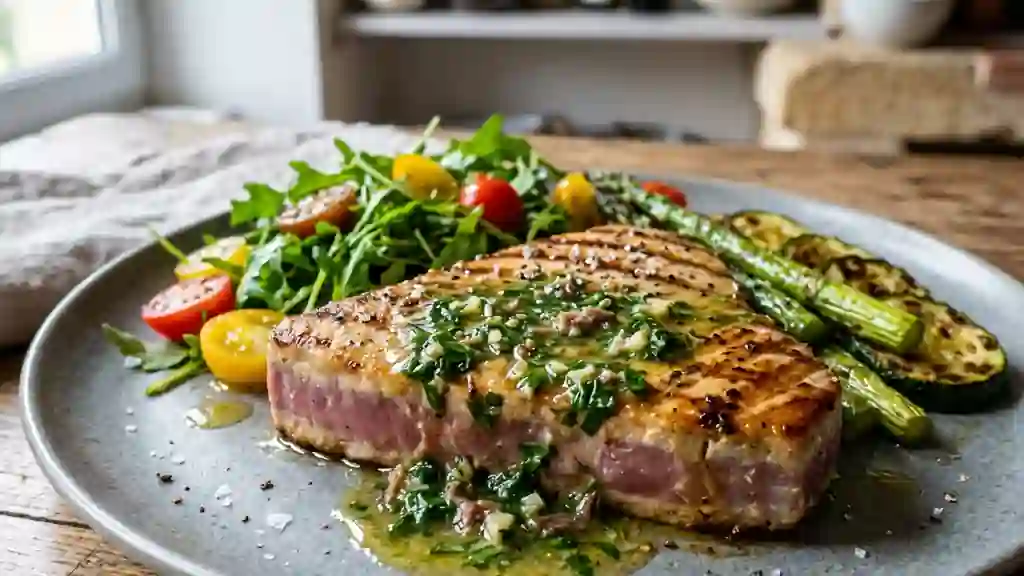 Thon grillé et sauce vierge aux anchois - Photo de présentation