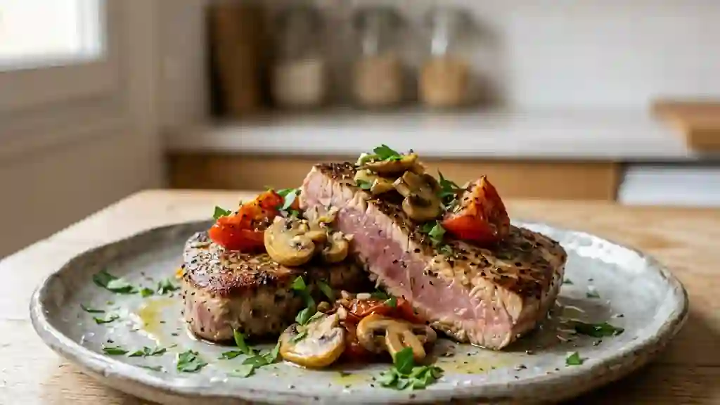 Thon rôti fondant aux champignons et tomates - Photo de présentation