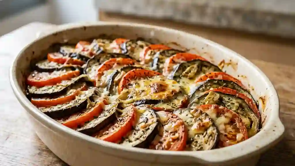 Tian d'aubergines fondant au fromage et herbes - Photo de présentation