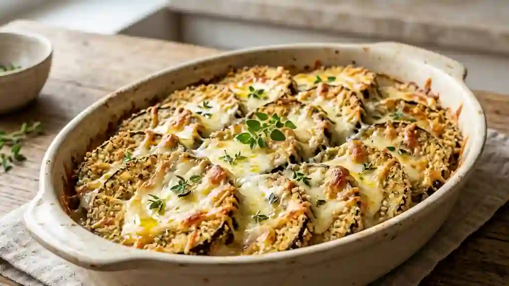 Aubergines panées croustillantes au fromage fondu - Photo de présentation
