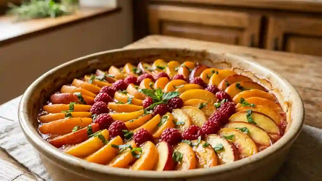 Tian d'été fondant : abricots, pêches et miel - Photo de présentation