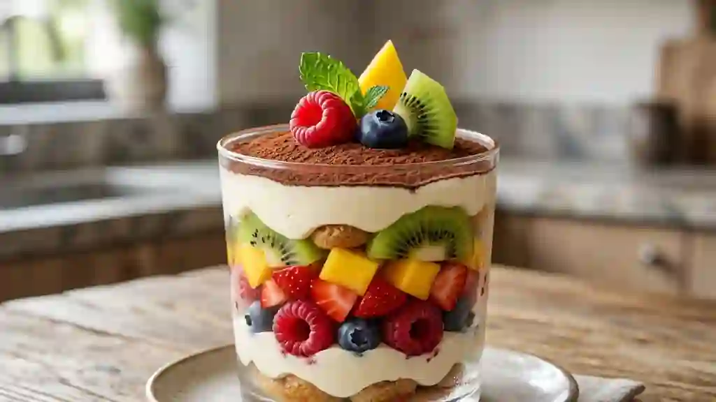 Tiramisu onctueux aux fruits rouges et mangue - Photo de présentation
